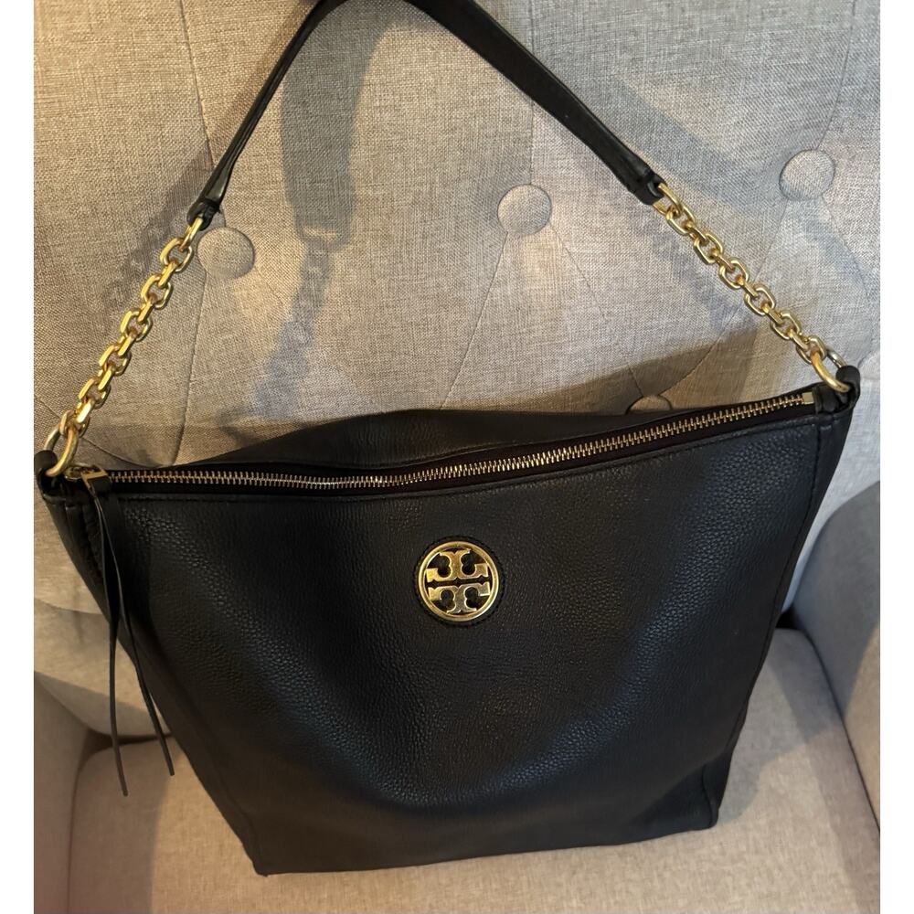 Authentic Tory Burch Carter Hobo Shoulder Bag in Black Leather Gold Chain Tote